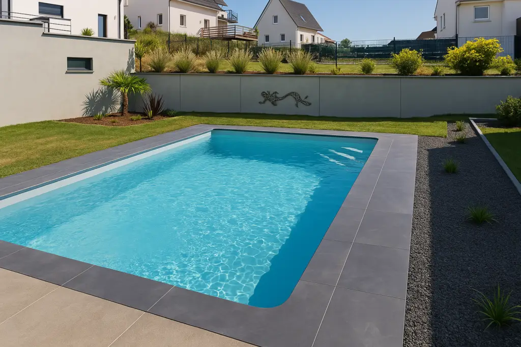 Sol autour de la piscine réalisé par Pro Chape Carrelage, offrant une finition soignée et durable pour un extérieur esthétique et fonctionnel.