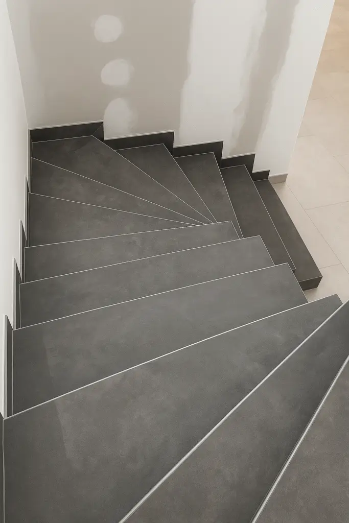 Escalier moderne en colimaçon avec carrelage gris foncé